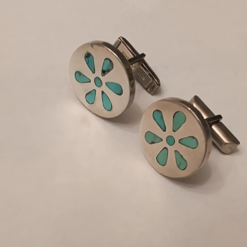 Vintage Sterling Silver Cufflinks with Turquoise Floral Inlay